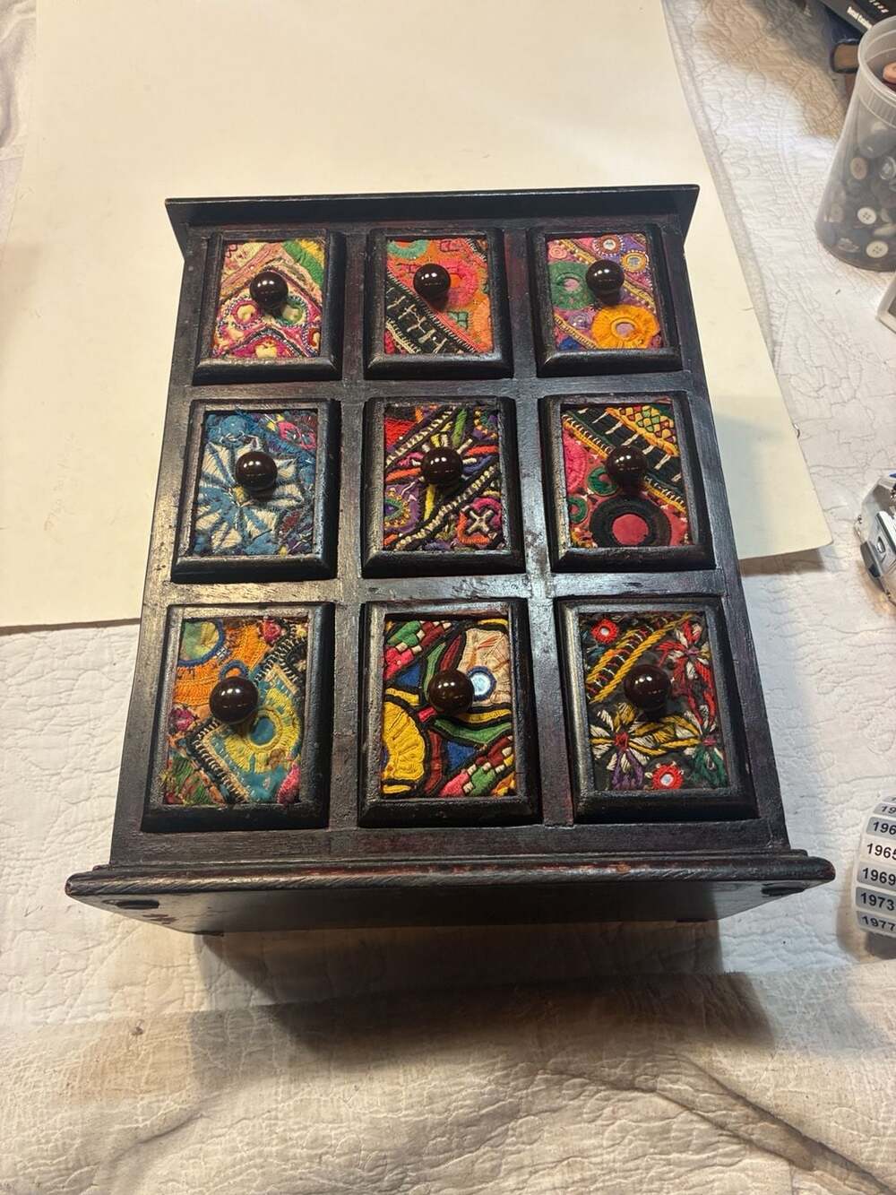 Wooden 9 Drawer Spice Box Cabinet Embroidered Kantha Patchwork